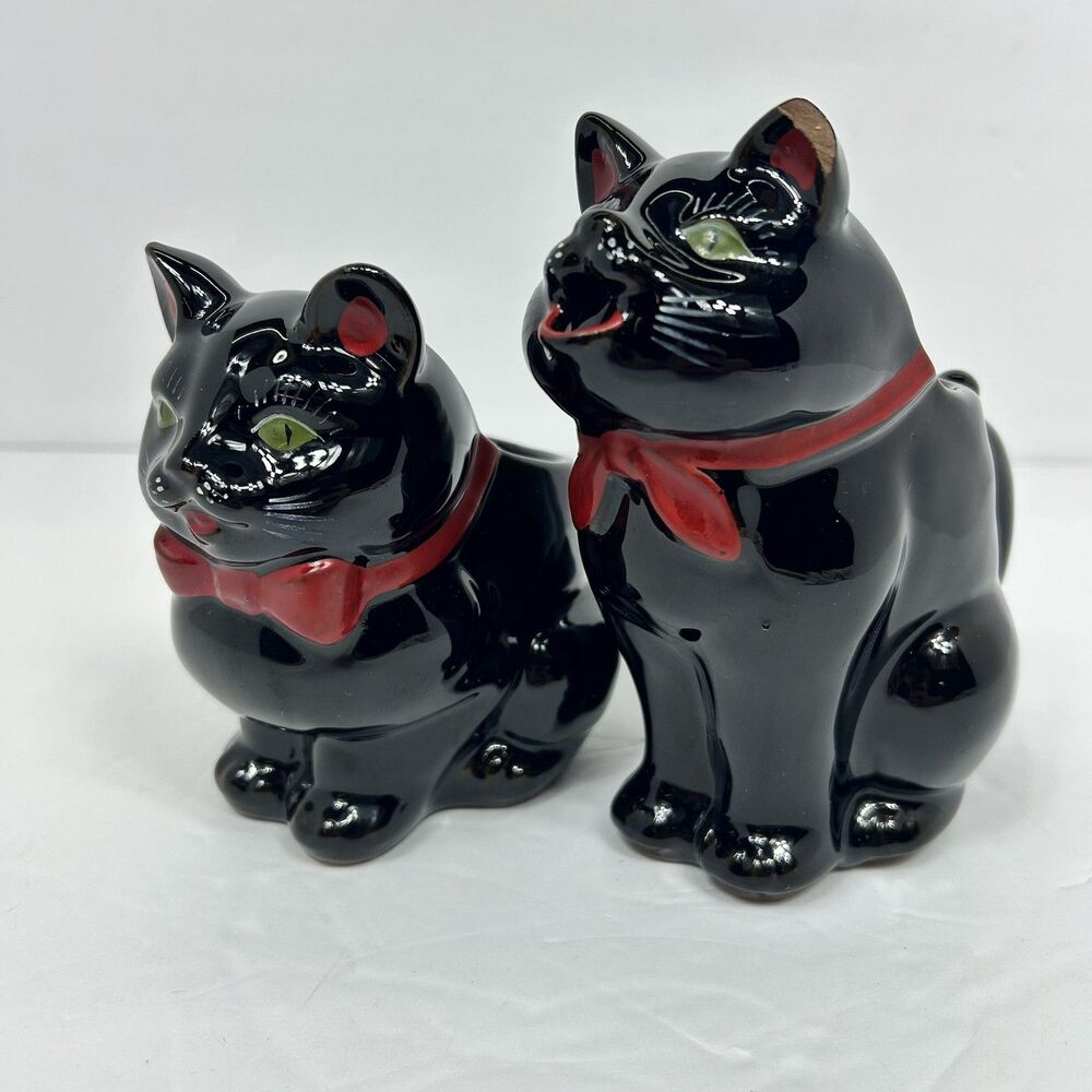 Vintage Shafford Japan Redware Black Cats Sugar and Creamer Set 50s Planter MCM